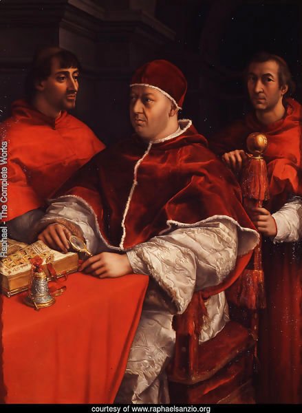 Pope Leo X with Cardinals Giulio de' Medici and Luigi de' Rossi [detail: 1]