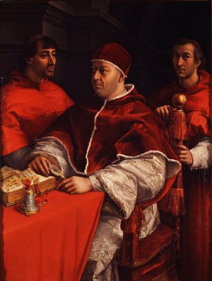 Raphael - Pope Leo X with Cardinals Giulio de' Medici and Luigi de' Rossi [detail: 1]