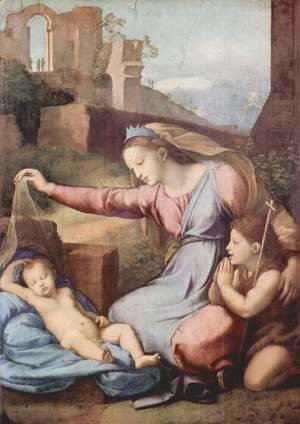 Raphael - Mary and John the Baptist praying the sleeping Christ child (Madonna with the crown)