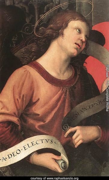 Altarpiece of St. Nicholas of Tolentino (detail of an angel holding and inscription) 1501