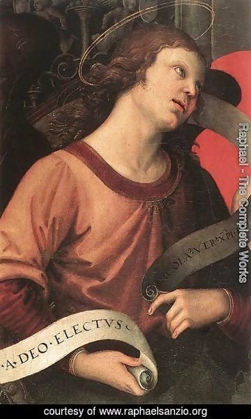 Raphael - Altarpiece of St. Nicholas of Tolentino (detail of an angel holding and inscription) 1501