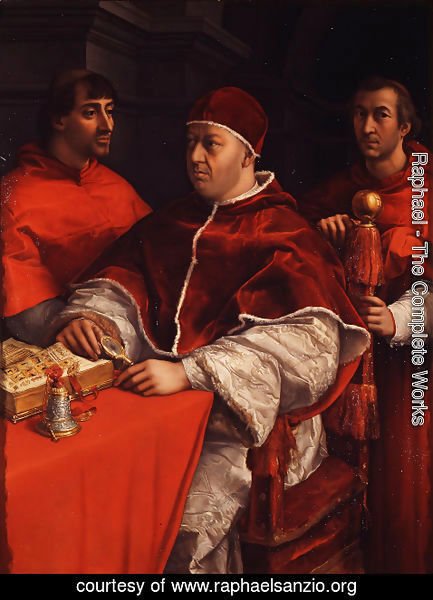 Raphael - Pope Leo X with Cardinals Giulio de' Medici and Luigi de' Rossi [detail: 1]