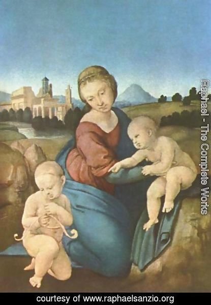 Raphael - Esterhazy Madonna, scene with Mary and Christ child, John the Baptist