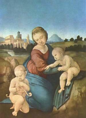 Raphael - Esterhazy Madonna, scene with Mary and Christ child, John the Baptist