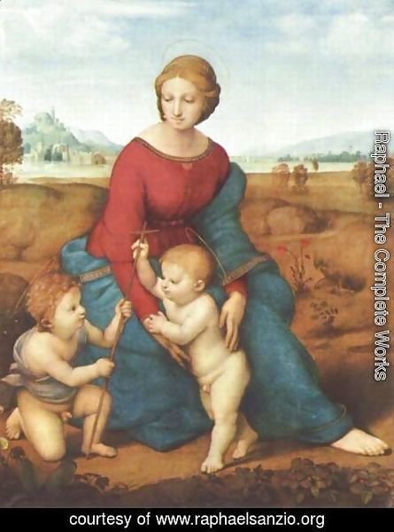 Raphael - Madonna in the Meadow, scene with Mary and Christ child, John the Baptist