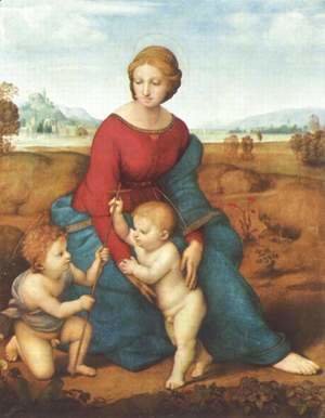 Raphael - Madonna in the Meadow, scene with Mary and Christ child, John the Baptist