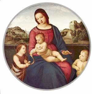 Raphael - Madonna Terra Nuova, Scene Mary with Christ Child with two Saints, Tondo
