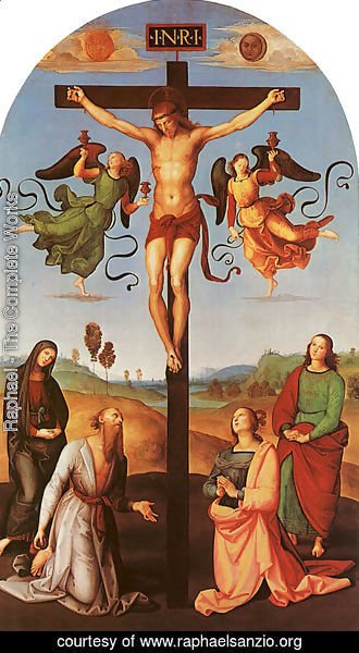 Christ on the Cross with the Virgin, Saint Jerome, Mary Magdalene, and John the Baptist (Citta di Castello Altarpiece) 1502